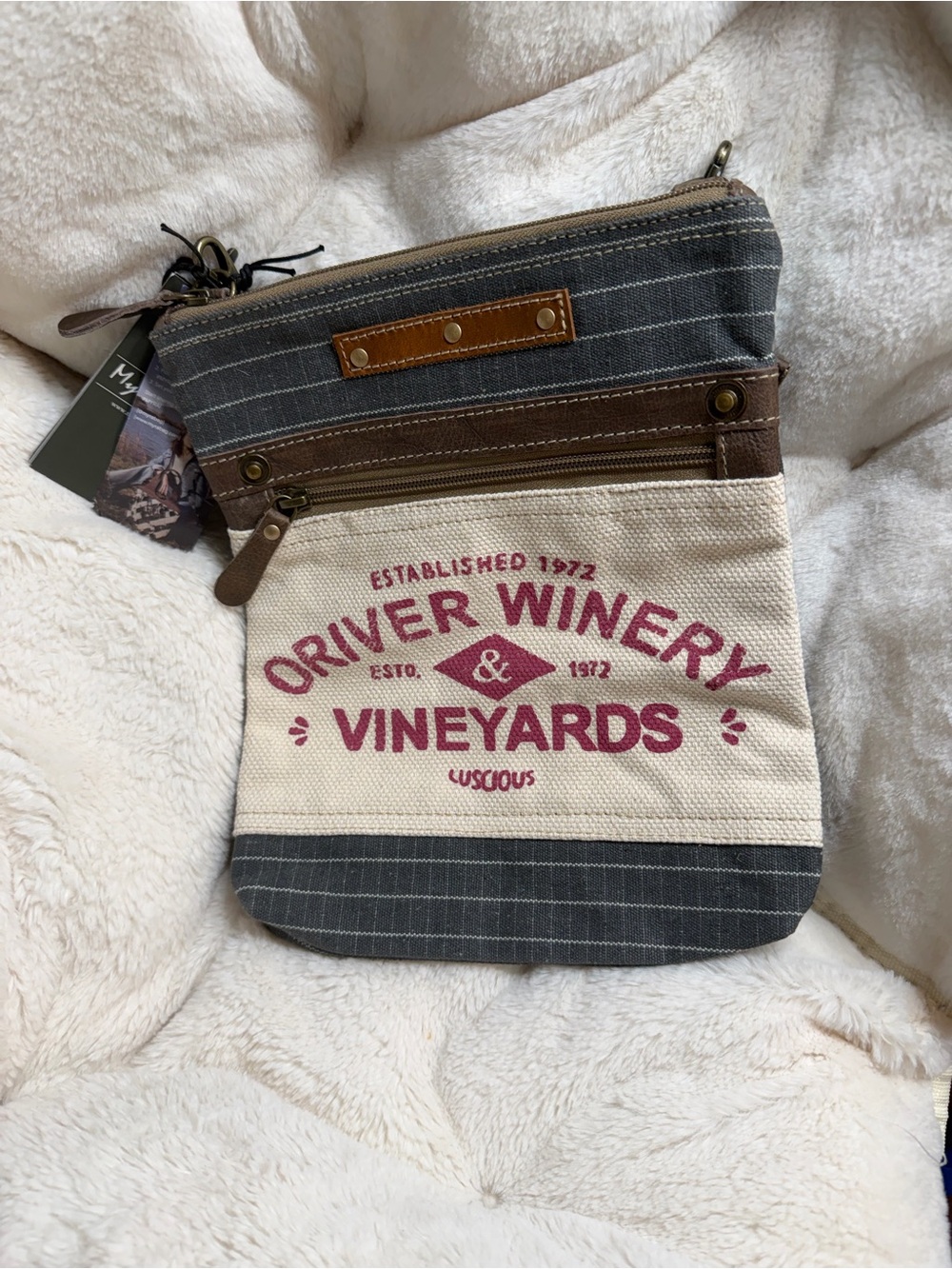 NWT Myra Bag Canvas Crossbody with Cream, Charcoal & Brown vineyard Accents